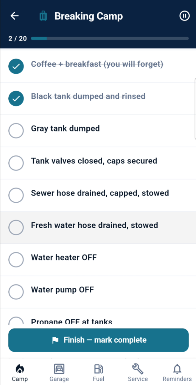 Breaking Camp checklist