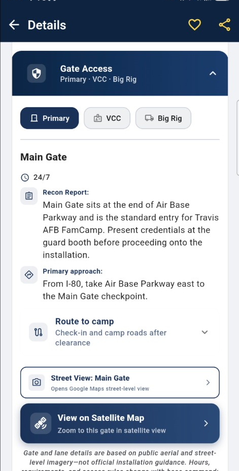 Gate Access screen with Big Rig hours and approach