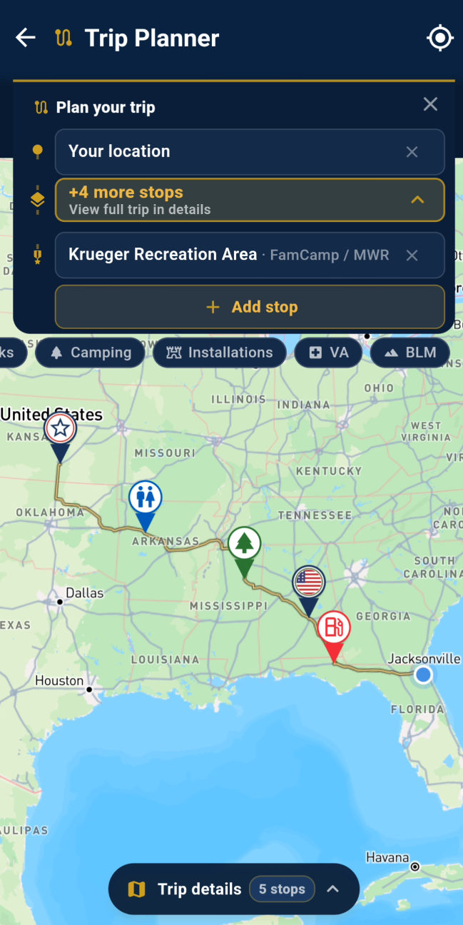 Trip Planner with multi-stop route across the map