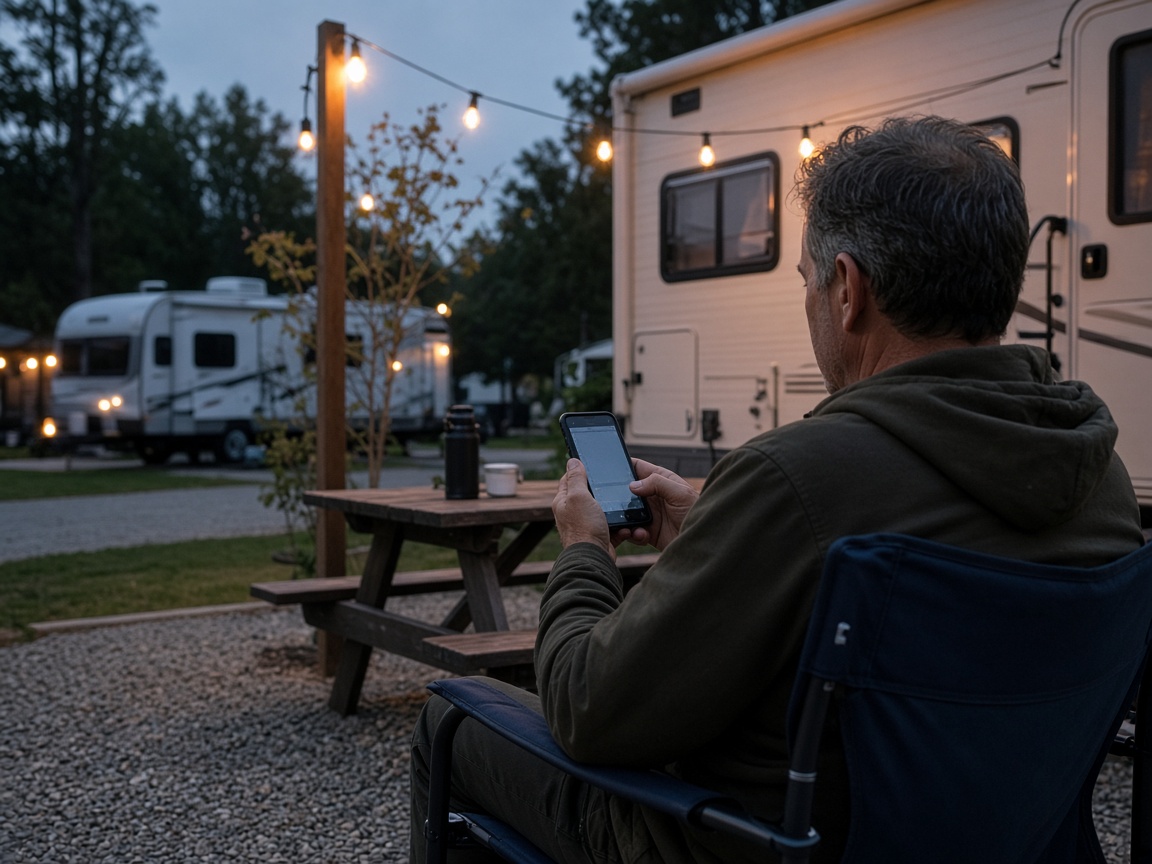 A traveler beside a motorhome looking up FamCamp rules on a laptop before the next drive.