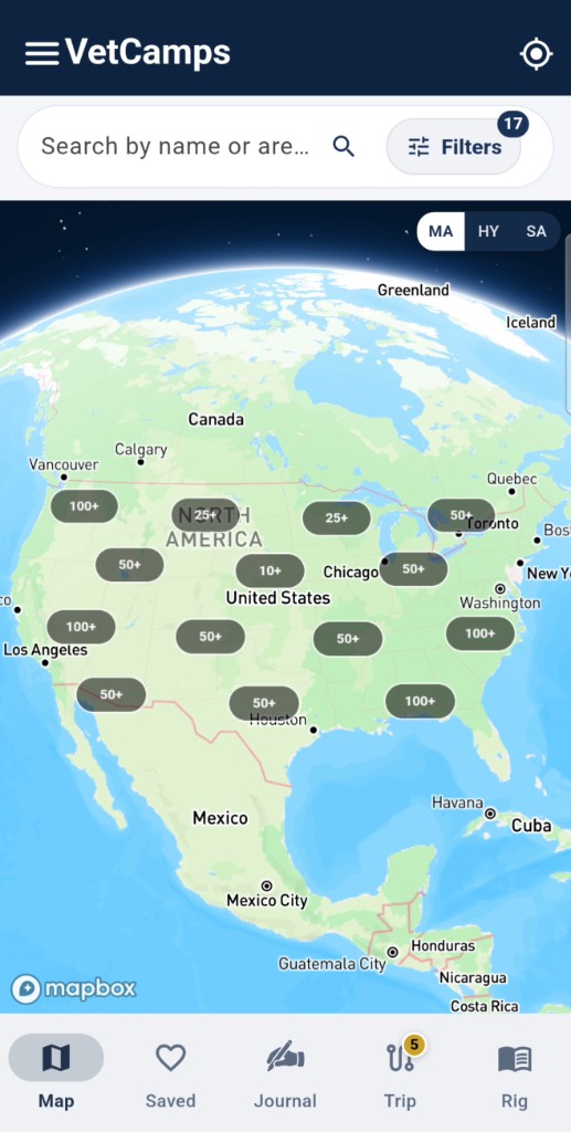 VetCamps map showing military campground clusters across North America