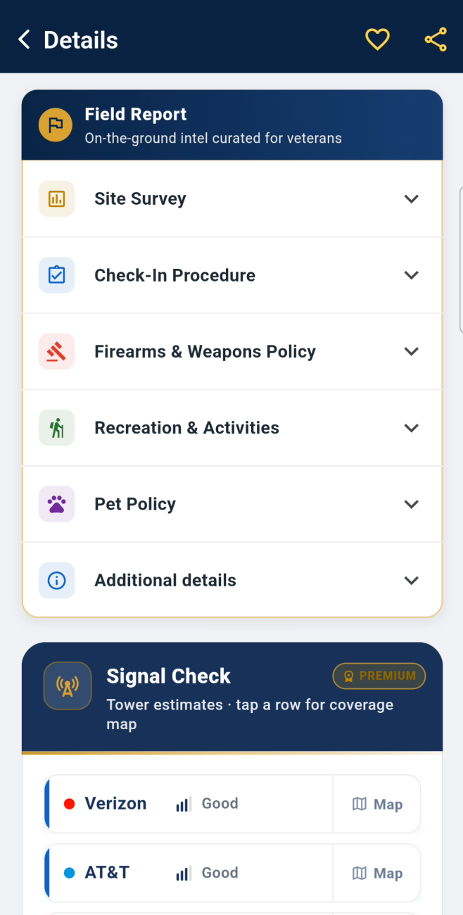 Place details field report with site survey, check-in, and policy sections