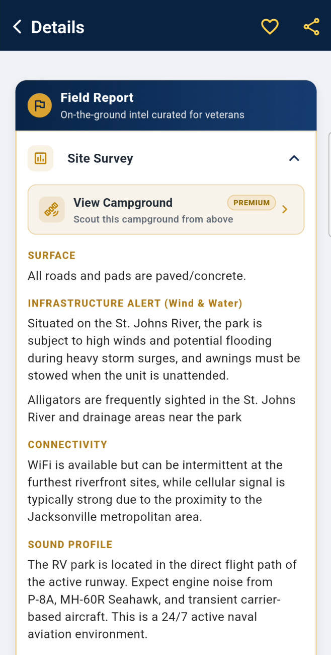Expanded site survey with surface, wind, connectivity, and sound profile notes
